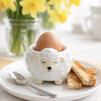 Happy Sheep Egg Cup holding a boiled egg on a white plate with toast soldiers and a spoon, yellow daffodils in background