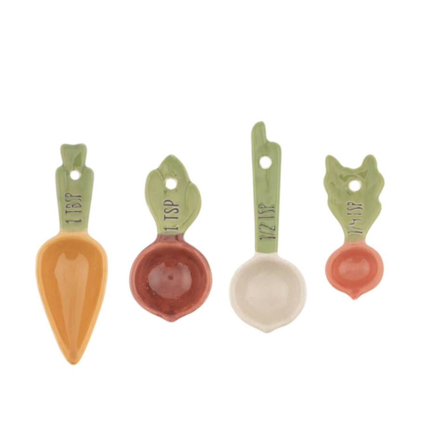 Ceramic Vegetable Patch Measuring Spoons stored in the Veg Patch ceramic crate on a white wooden surface