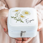 Personalised Birth Flower Jewellery Case with narcissus December birth flower and name Mabel on white surface