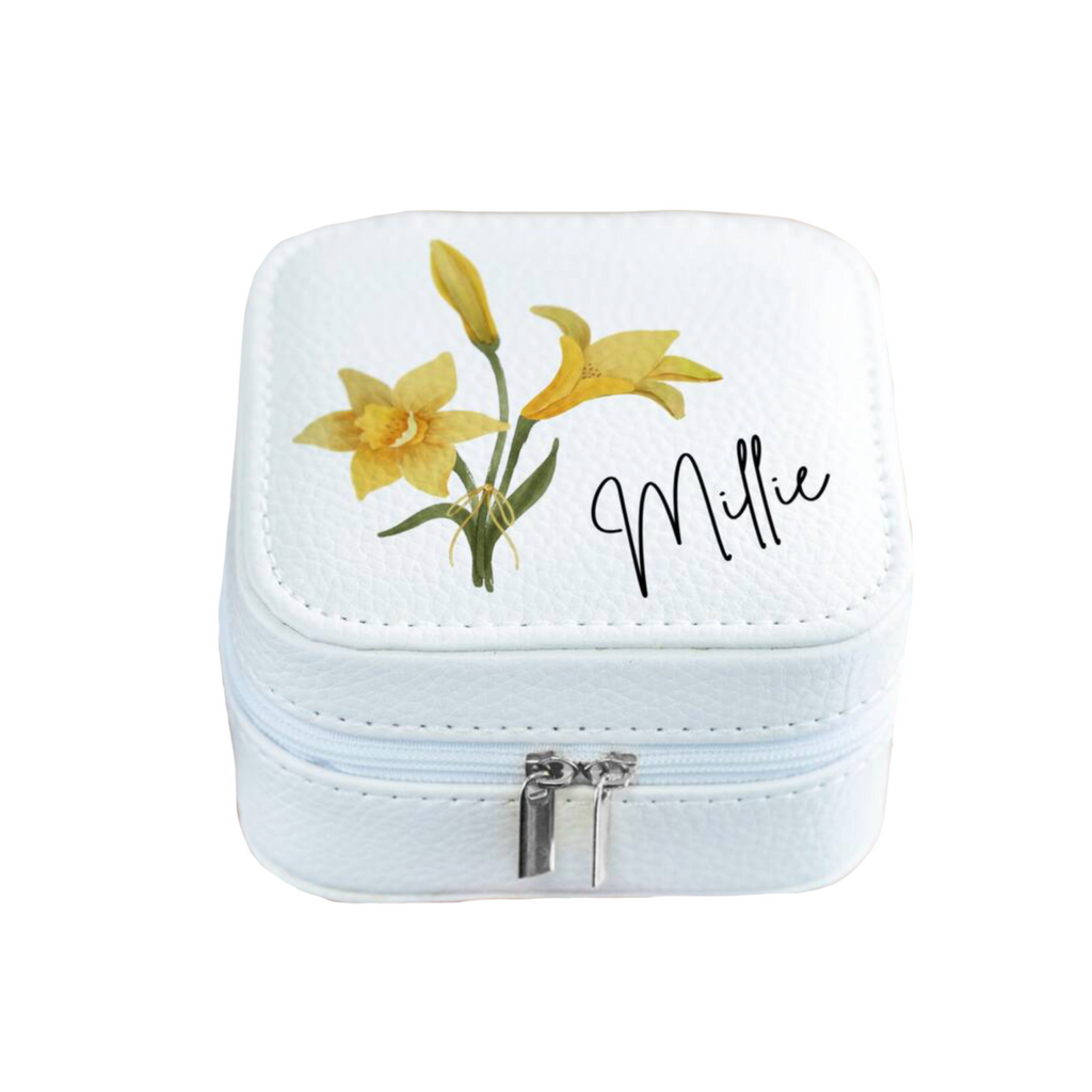 Personalised Birth Flower Jewellery Case product listing screenshot showing price and product details