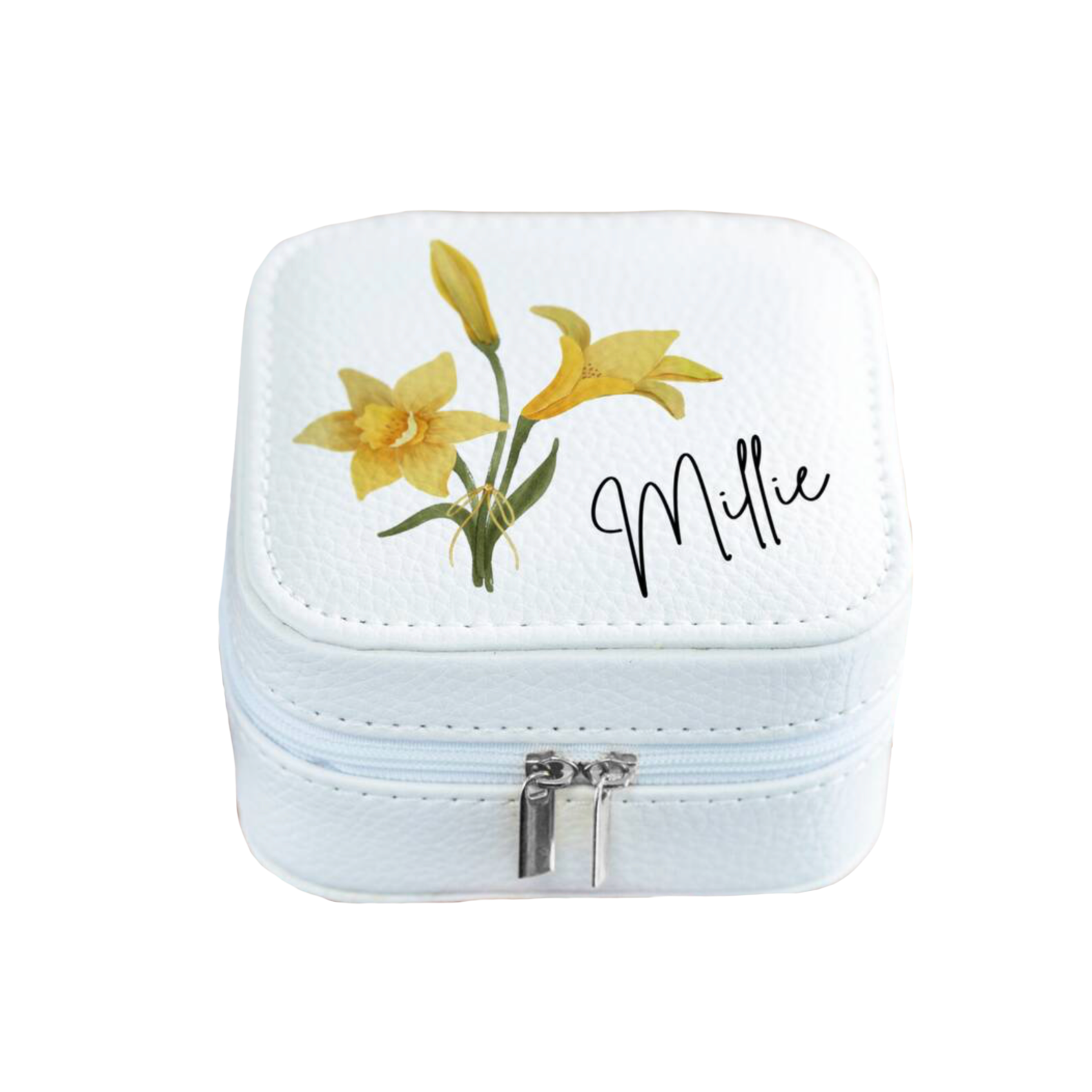 Personalised Birth Flower Jewellery Case product listing screenshot showing price and product details