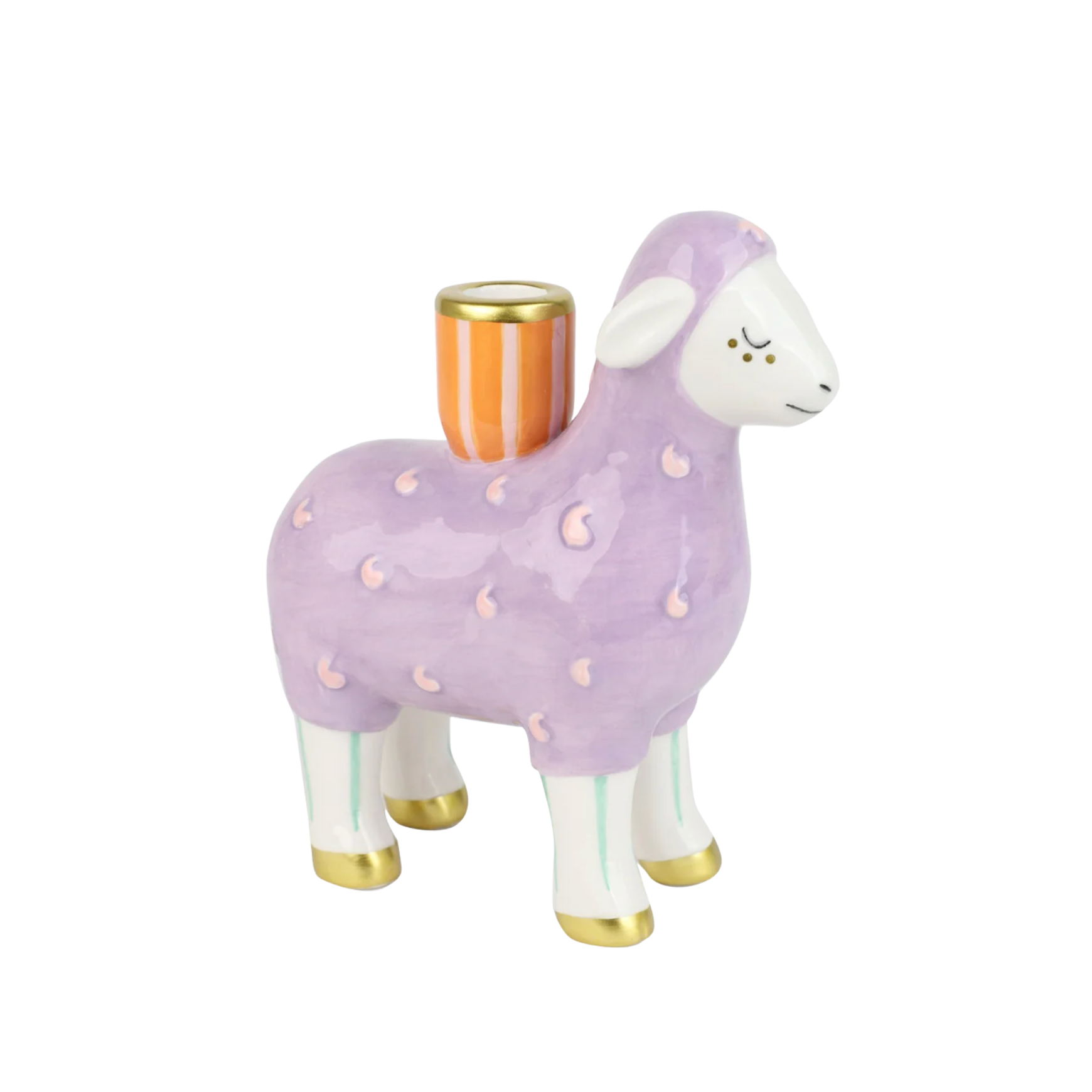 Hand Painted Lamb Ceramic Candle Holder in lilac on white background showing the full lamb form with gold hooves and striped candle socket