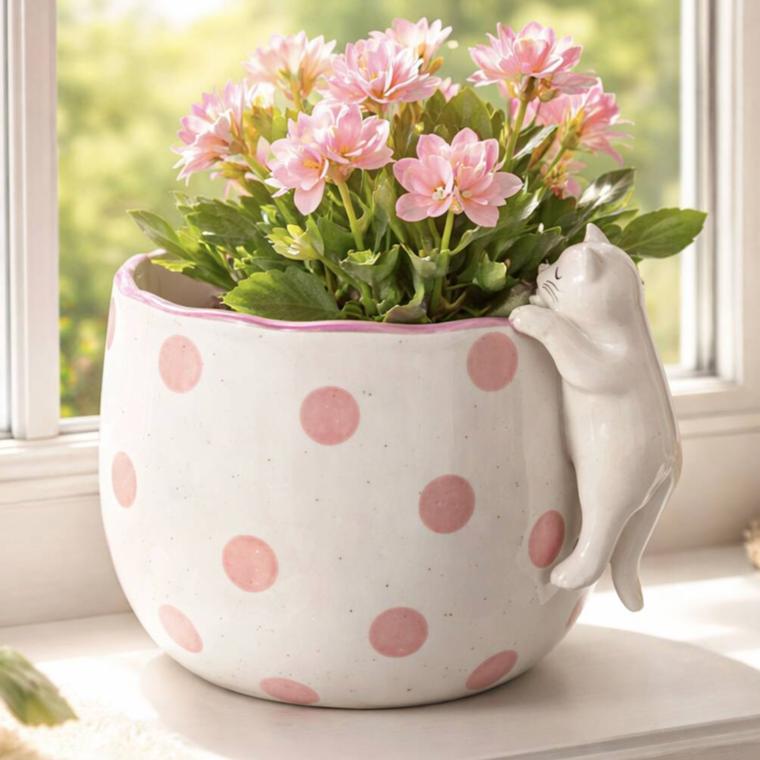 Spotty Peeking Cat Planter on a sunny windowsill filled with pink kalanchoe flowers showing the full planter and peeking cat from the side