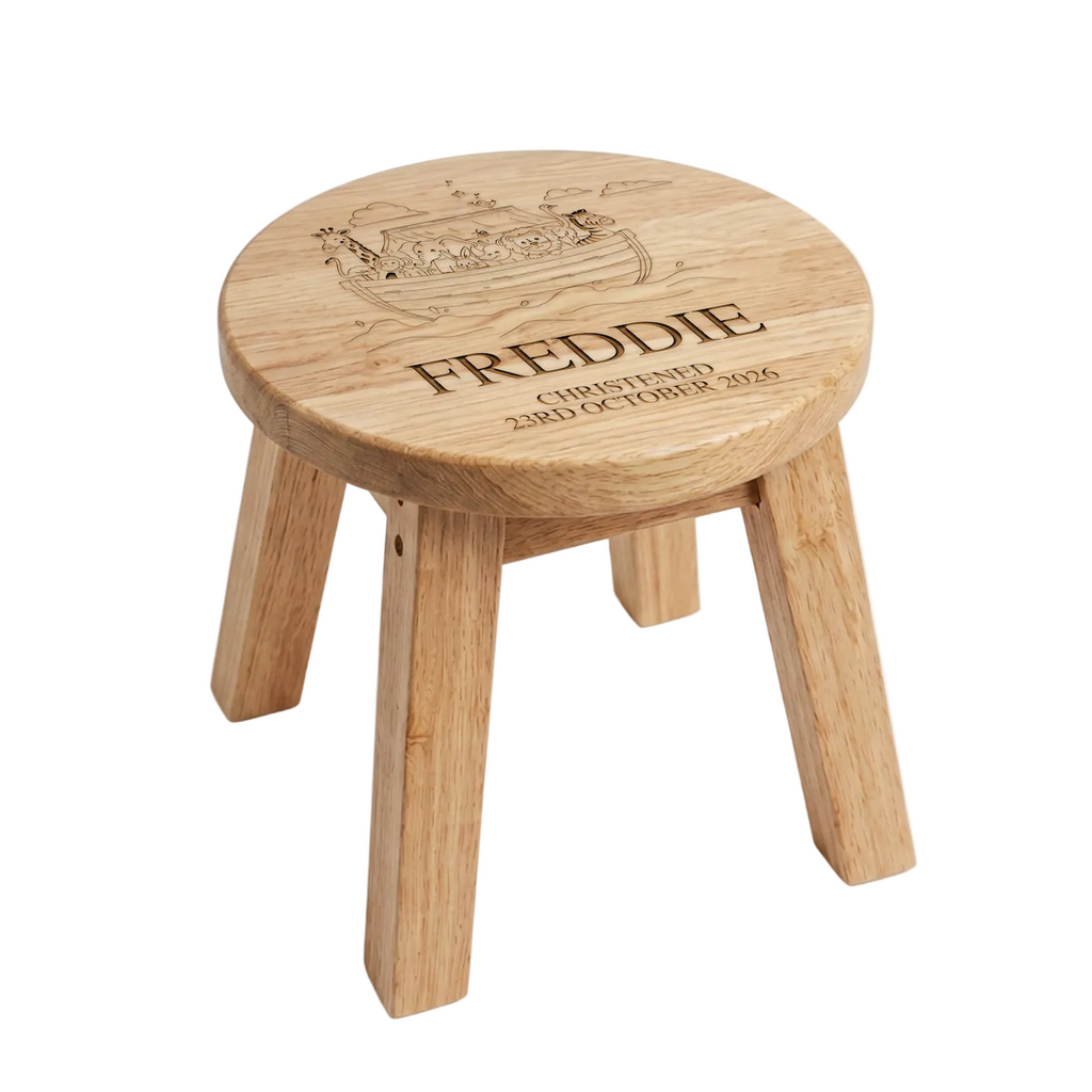 Underside of Personalised Noah's Ark Wooden Stool showing secret message May love health and happiness be yours always laser engraved on the base