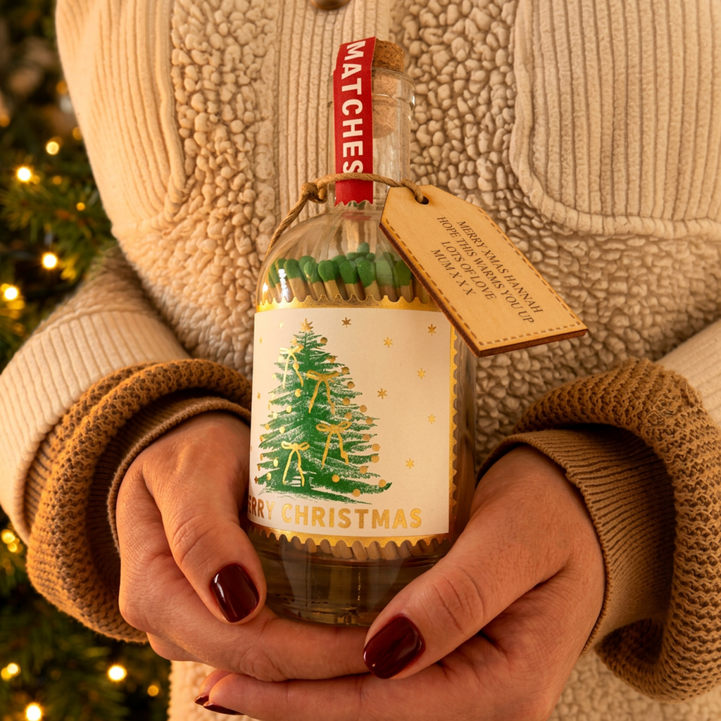 Personalised Christmas Match Bottle styled on a wooden table beside candles holly and Christmas lights showing the Merry Christmas tree design and personalised wooden tag reading Merry Christmas to the Wilsons Lots of Love Jane Mike and Oliver