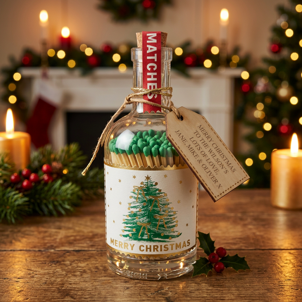 Personalised Christmas Match Bottle on white background showing the full green-tipped matches Christmas tree gold detail design and Merry Christmas wording with spare matches laid in front