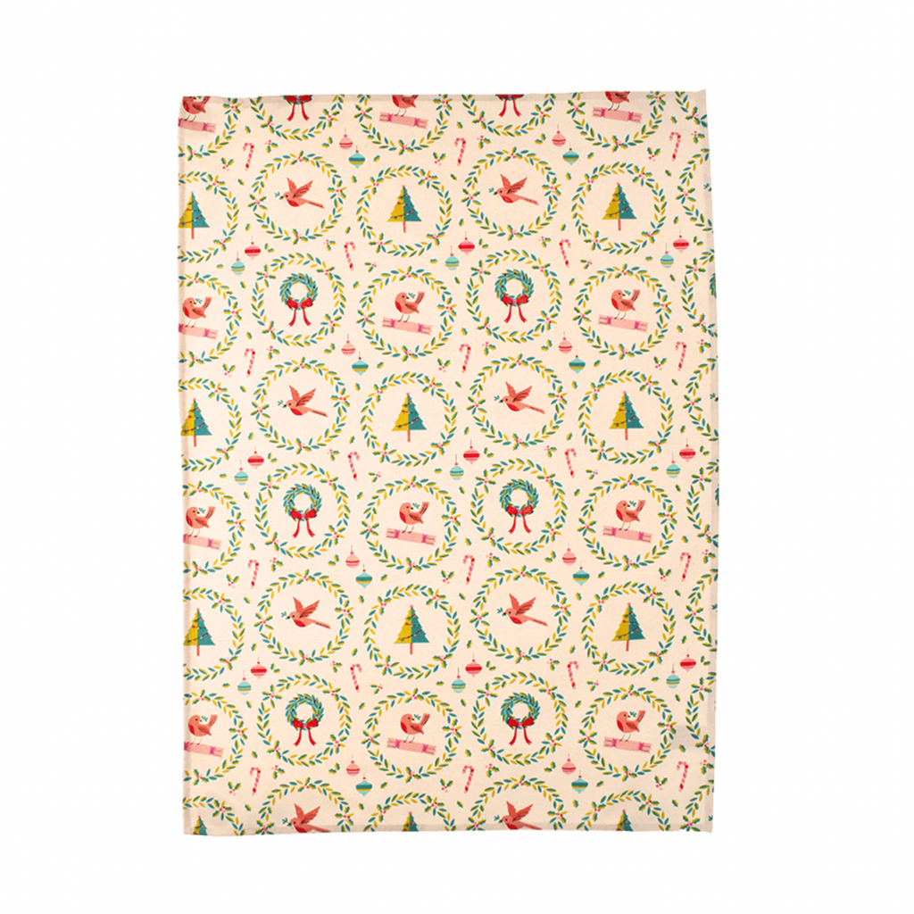 Christmas cotton tea towel with festive wreaths, robins, Christmas trees, ornaments and candy canes