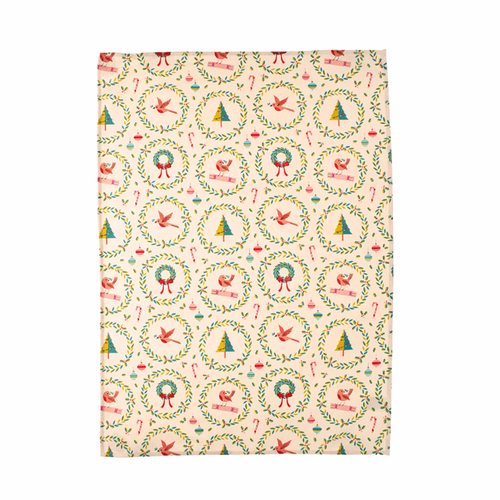 Christmas cotton tea towel with festive wreaths, robins, Christmas trees, ornaments and candy canes