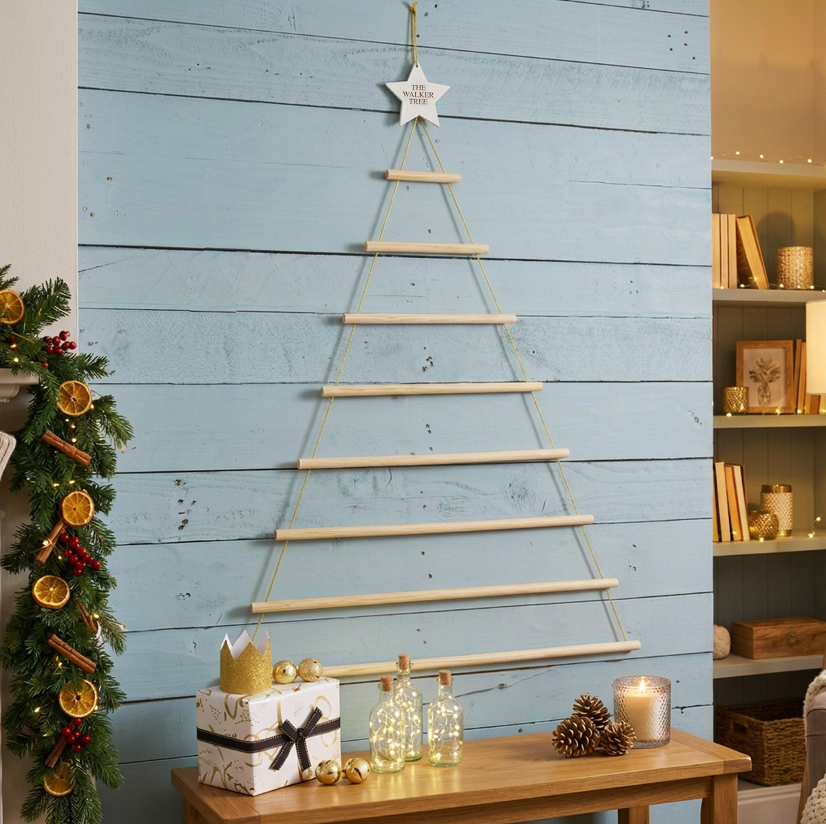 Personalised wooden Christmas card holder tree displaying festive cards in a Christmas home