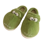 Cute green monster slippers with 3D eyes, teeth and soft fleece