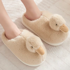 Cream duckling slippers shown with other fluffy duckling slipper colourways