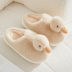Cream duckling slippers with soft fluffy texture, duck faces and non-slip soles