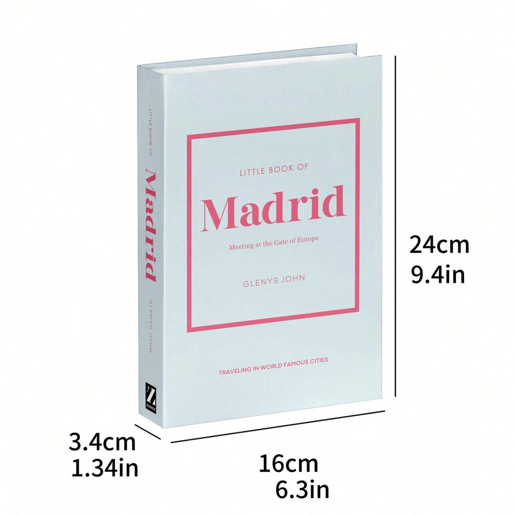 Decorative city faux book showing dimensions of 24 centimetres high, 16 centimetres wide and 3.4 centimetres deep