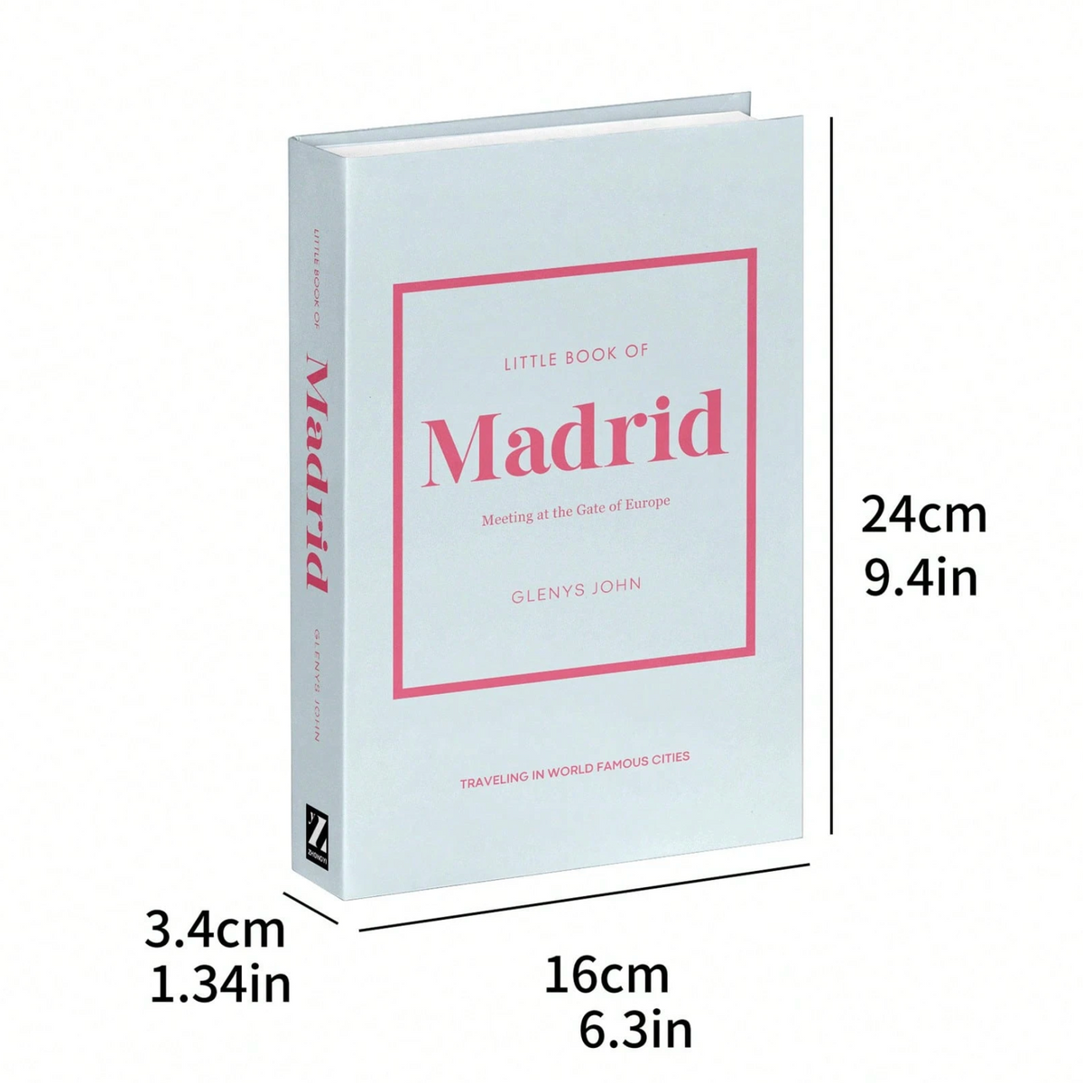 Decorative city faux book showing dimensions of 24 centimetres high, 16 centimetres wide and 3.4 centimetres deep