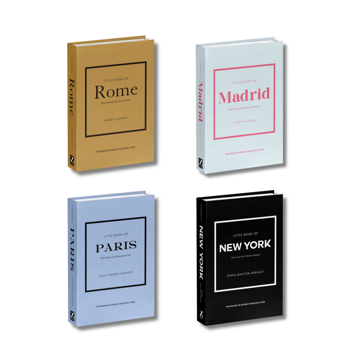 Decorative city faux books featuring Paris, New York, Madrid and Rome designs