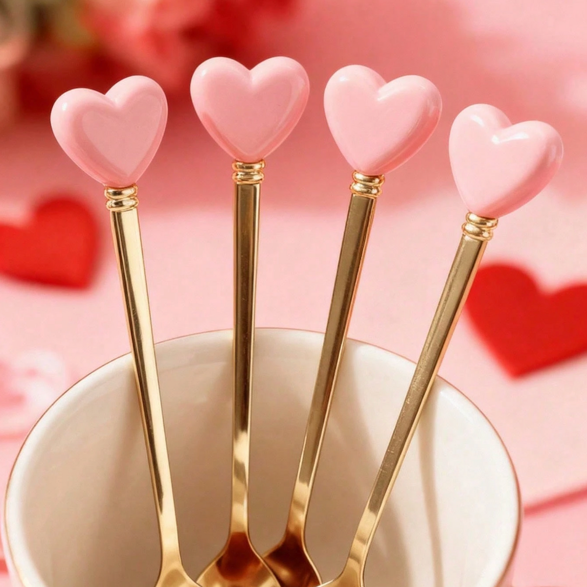 Gold four-piece heart-handle cutlery set with two spoons and two forks