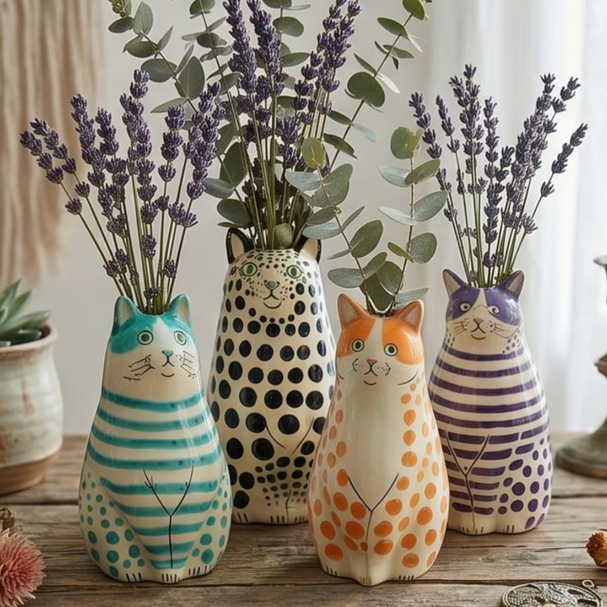 Colourful cat-shaped bud vases arranged with bright flowers