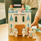 Wooden castle play set with moat, knights, princess and king characters