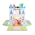 Child assembling the colourful moat pieces around a wooden castle play set