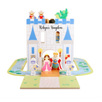 Child assembling the colourful moat pieces around a wooden castle play set