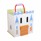 Child playing with a wooden castle play set and medieval characters