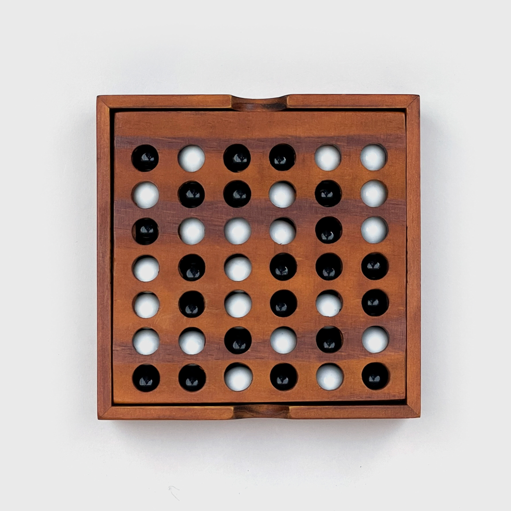 Personalised wooden Travel Four In A Row game engraved Mark vs Ellie with black marbles