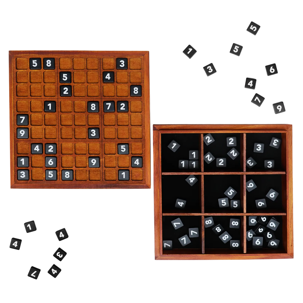 Wooden Sudoku playing board with numbered tiles and built-in storage compartments