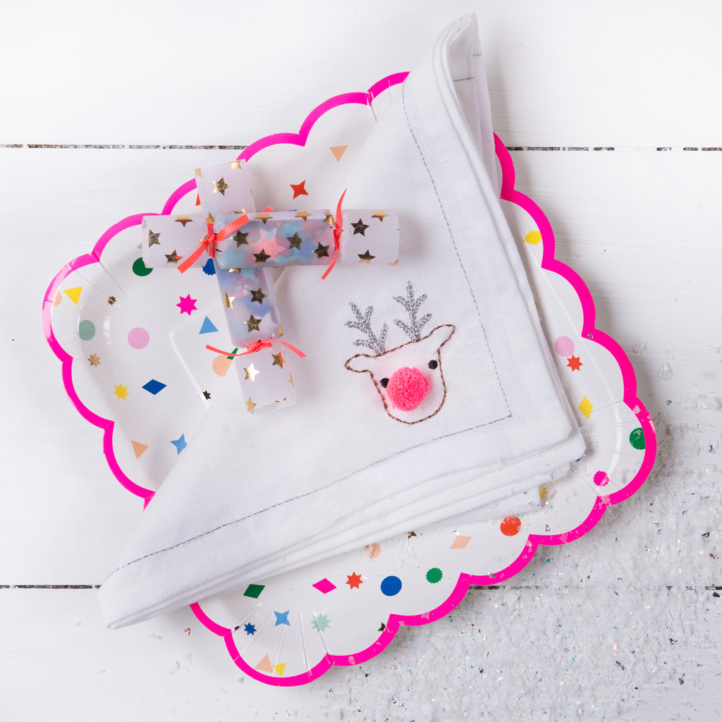 Hand-Embroidered White Cotton Reindeer Christmas Napkin