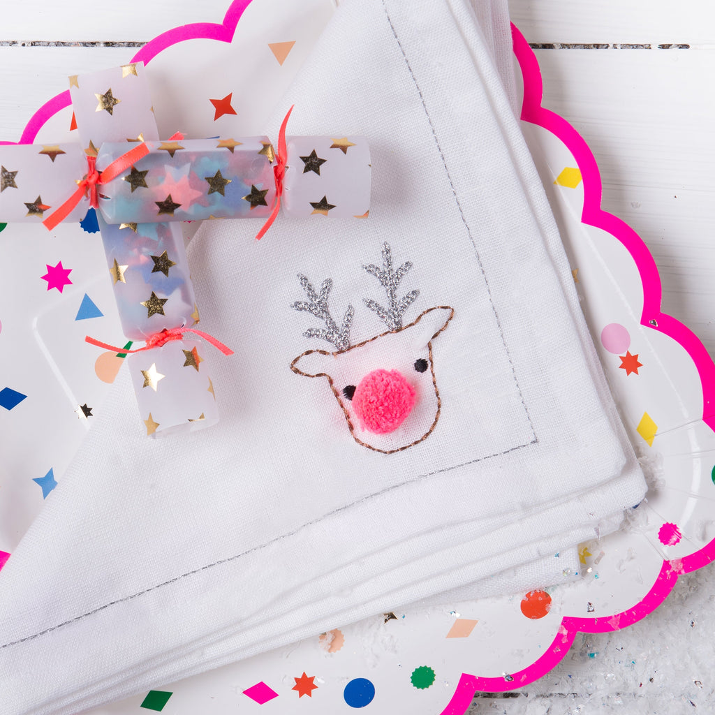 Hand-Embroidered White Cotton Reindeer Christmas Napkin