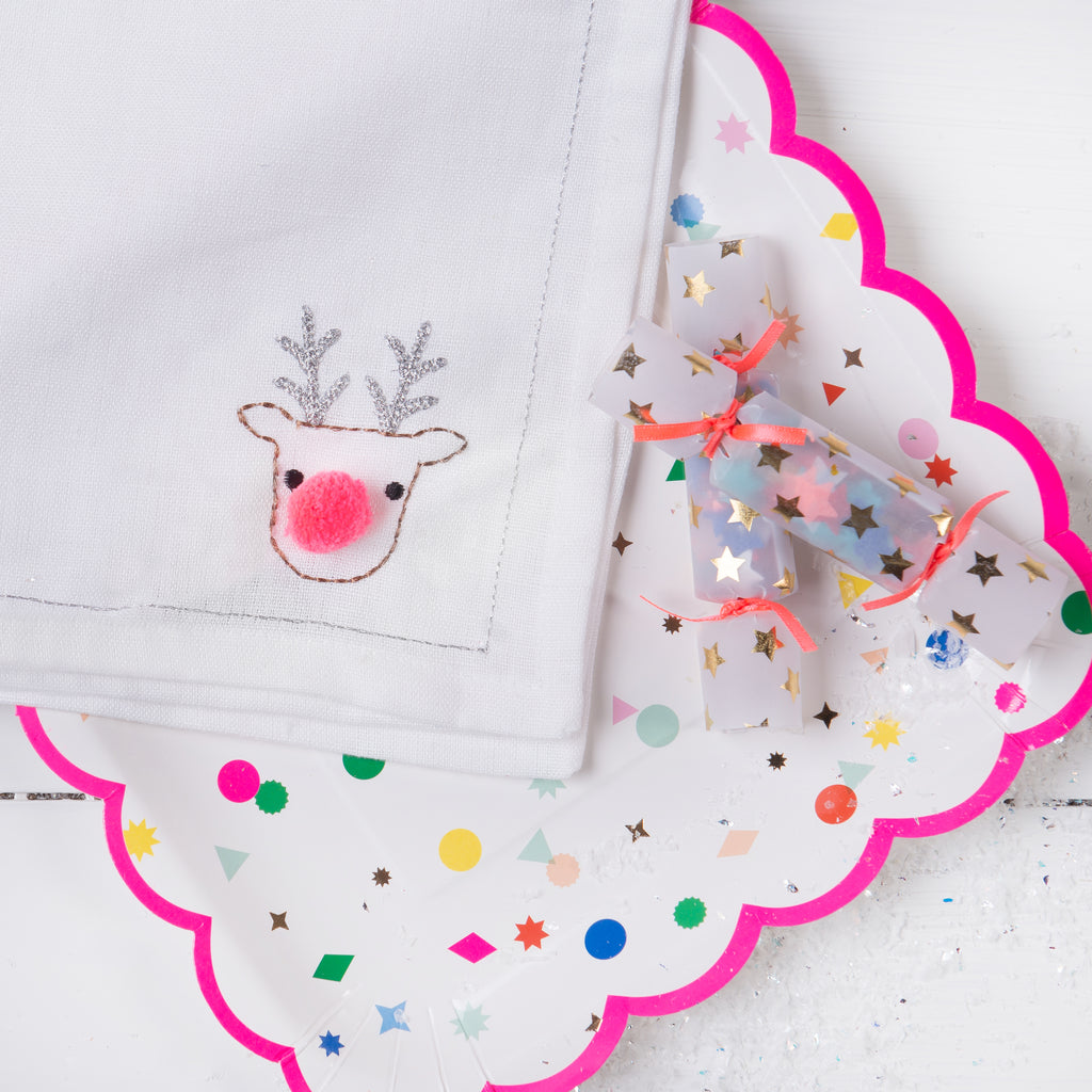 Hand-Embroidered White Cotton Reindeer Christmas Napkin