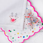 Hand-Embroidered White Cotton Reindeer Christmas Napkin