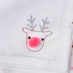 Hand-Embroidered White Cotton Reindeer Christmas Napkin