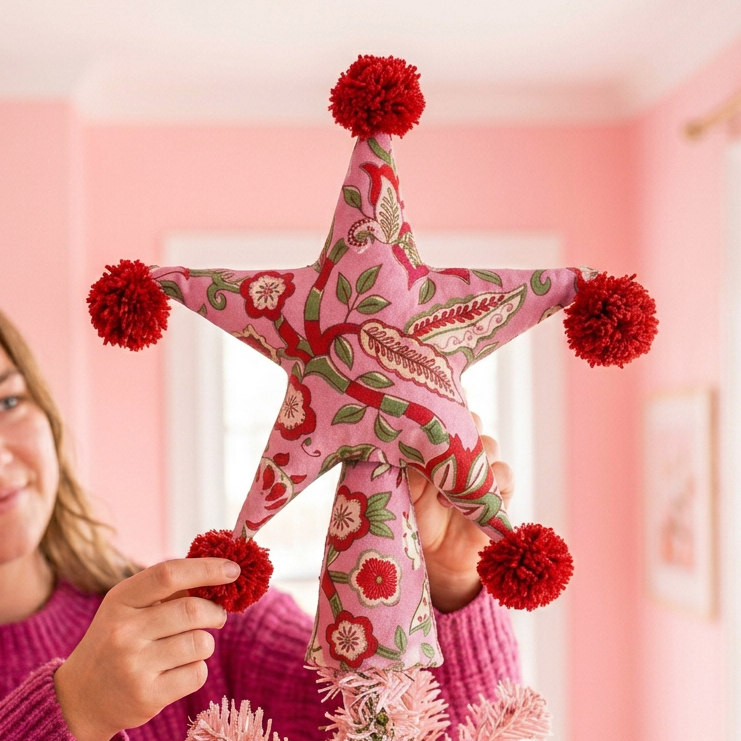 Woman placing the Two Sided Pom Pom Star Tree Topper onto a pink Christmas tree in a pink room