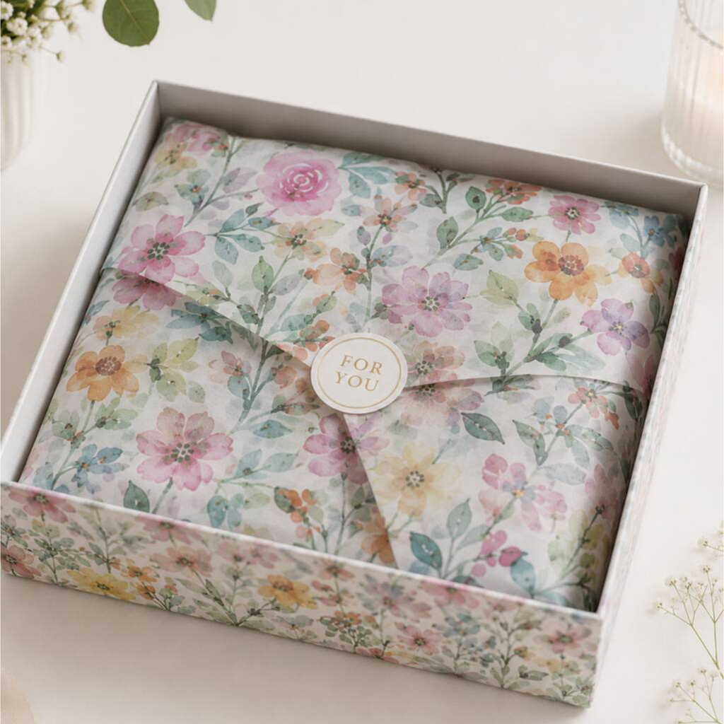 A floral-patterned gift box with a matching envelope inside, sealed with a round white sticker that reads 'FOR YOU'. The box is photographed on a light surface with soft, bright lighting.