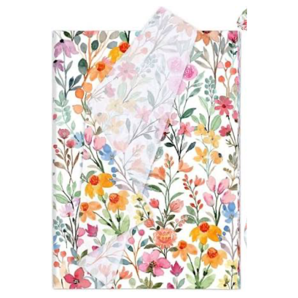 A rectangular sheet of decorative paper or wrapping paper with a dense watercolor floral pattern, shown partially unrolled over itself on a plain white background.