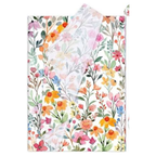 A rectangular sheet of decorative paper or wrapping paper with a dense watercolor floral pattern, shown partially unrolled over itself on a plain white background.