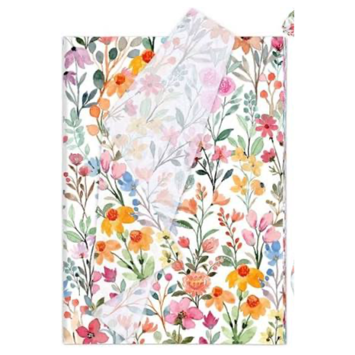 A rectangular sheet of decorative paper or wrapping paper with a dense watercolor floral pattern, shown partially unrolled over itself on a plain white background.