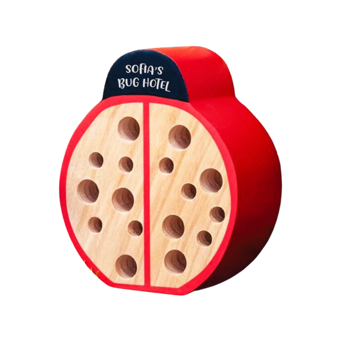 A ladybug-shaped bug hotel toy with a red outer shell, light natural wood inner panels, and a small dark blue top label reading 'SOFA'S BUG HOTEL' in white text, shown on a plain white background.