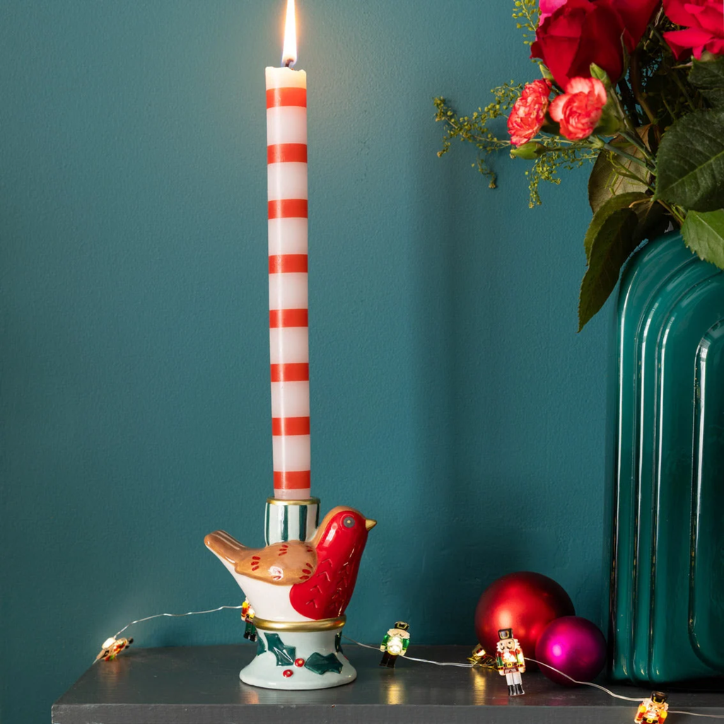 Hand Painted Robin Christmas Candle Holder