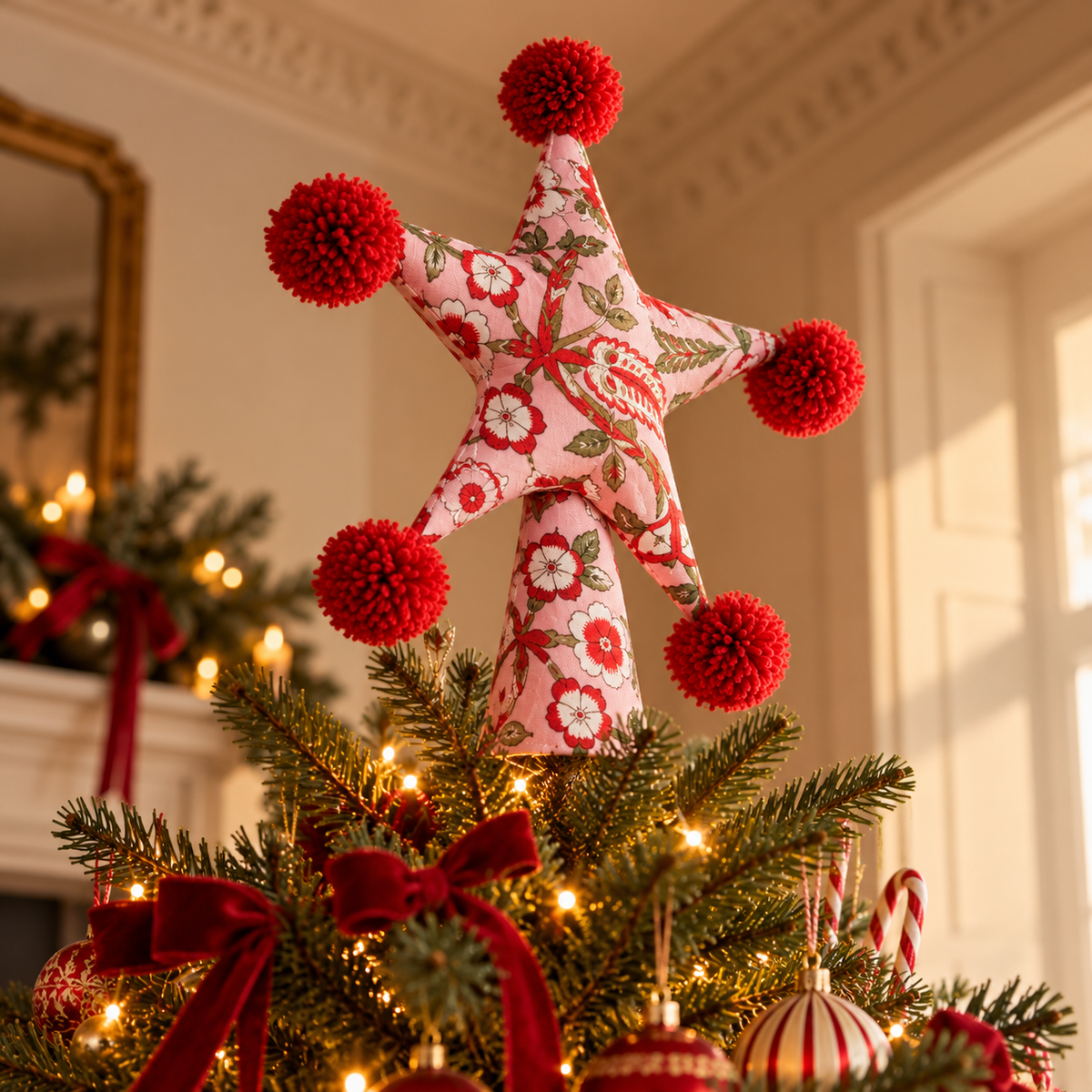 Two Sided Pom Pom Padded Fabric Star Tree Topper