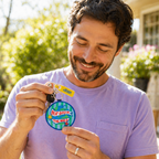 A smiling man in a light purple t-shirt holds up a round keychain featuring a green and blue striped pattern with the words 'BEST DAD IN THE WORLD' in red and white, set against a bright outdoor background.