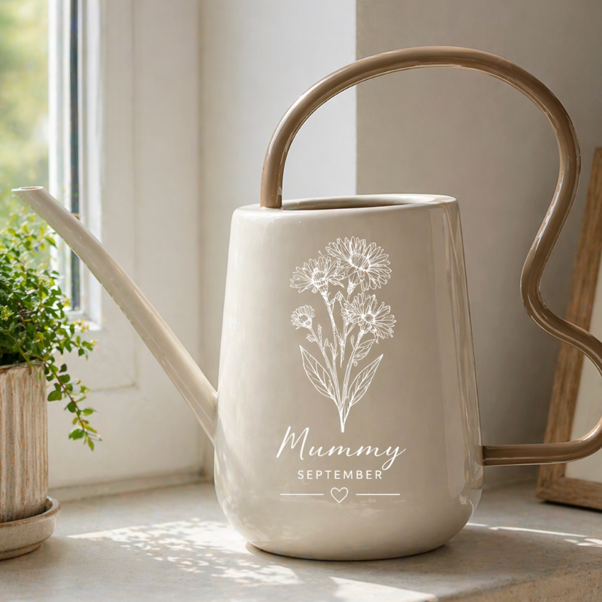 A ceramic watering can with a wavy handle and spout, featuring a white floral illustration and the text 'Mummy September' on its front. It is styled on a windowsill next to a potted green plant and a framed picture.