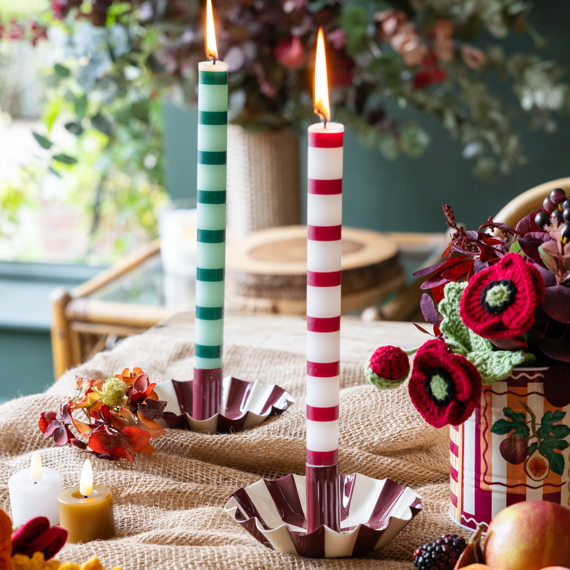 Burgundy And White Stripe Dinner Candles
