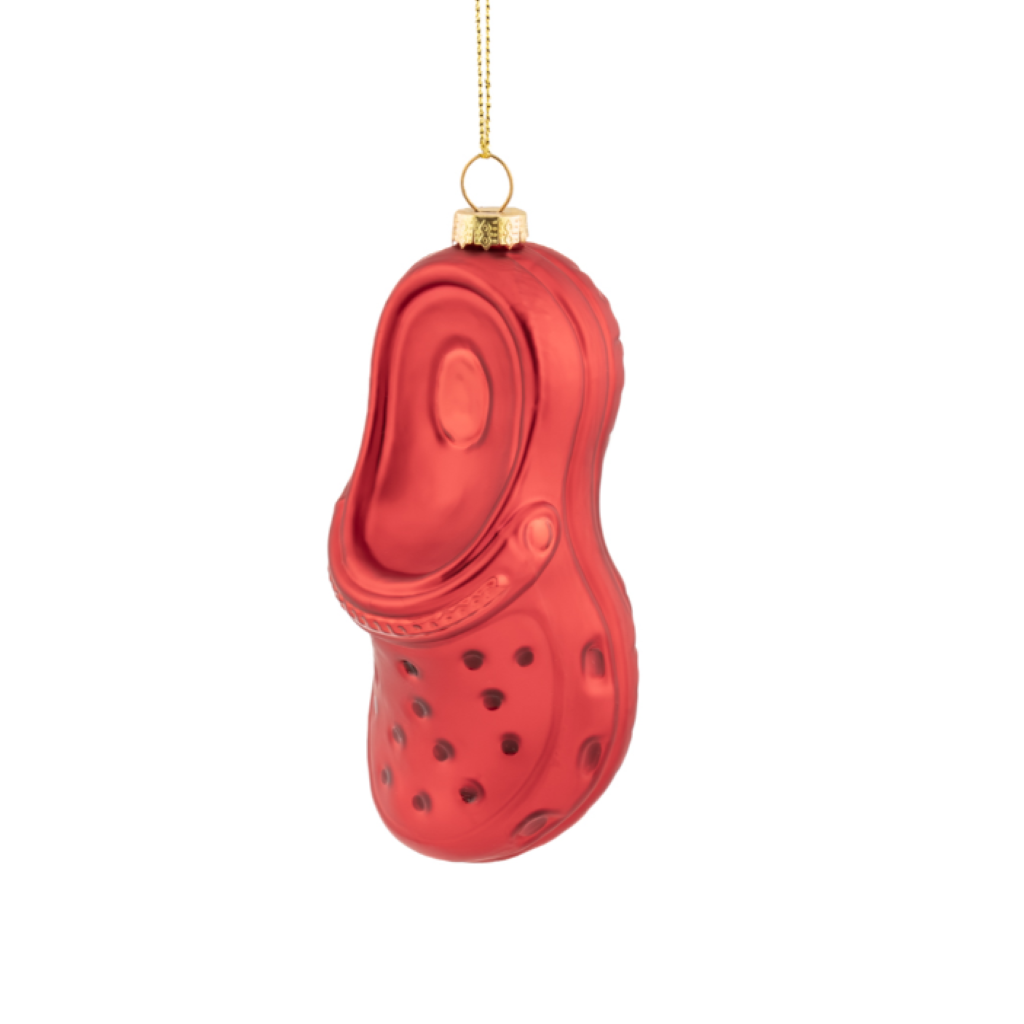 A glossy red clog-shaped Christmas ornament with a gold hanging loop and cap, shown against a plain white background.