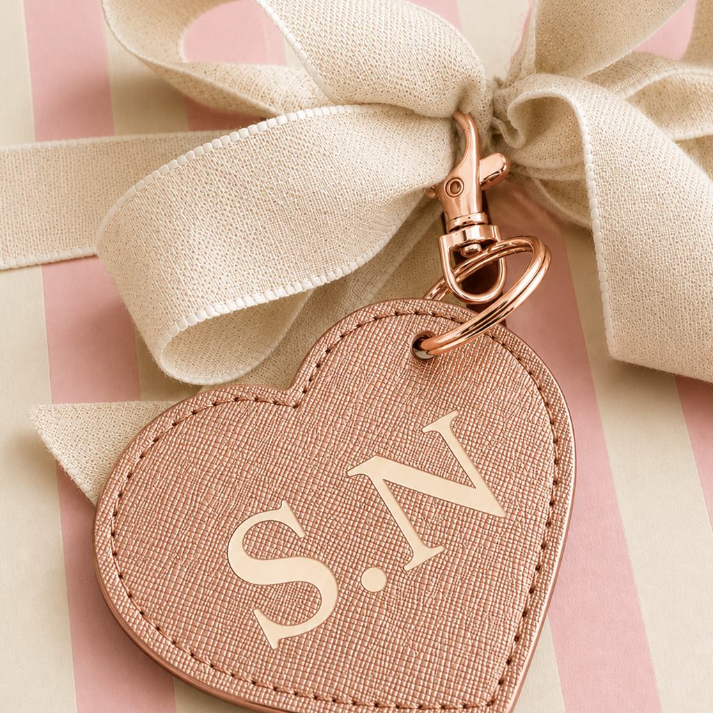 A heart-shaped rose gold keychain with a textured fabric finish, personalized with the initials 'S.N' in a metallic rose gold tone.
