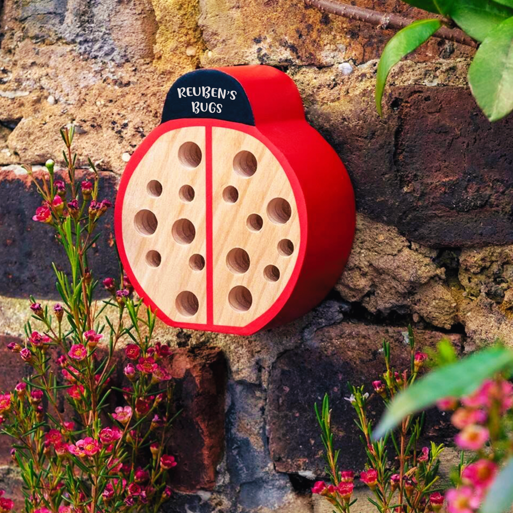 A ladybug-shaped wooden bug house labeled 'REUBEN'S BUGS' mounted on a rustic brick wall, surrounded by green leaves and pink flowers.