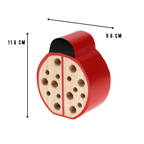 A red and natural wood ladybug toy with black antennae, shown with dimension arrows and labels indicating a height of 11.6 cm and a width of 9.