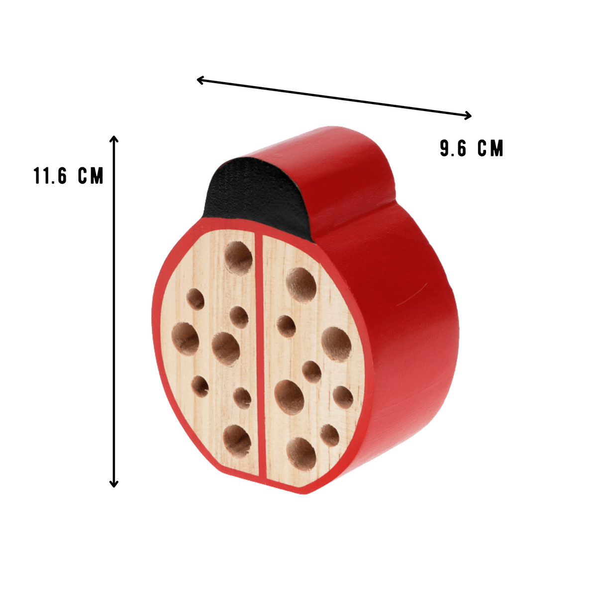 A red and natural wood ladybug toy with black antennae, shown with dimension arrows and labels indicating a height of 11.6 cm and a width of 9.