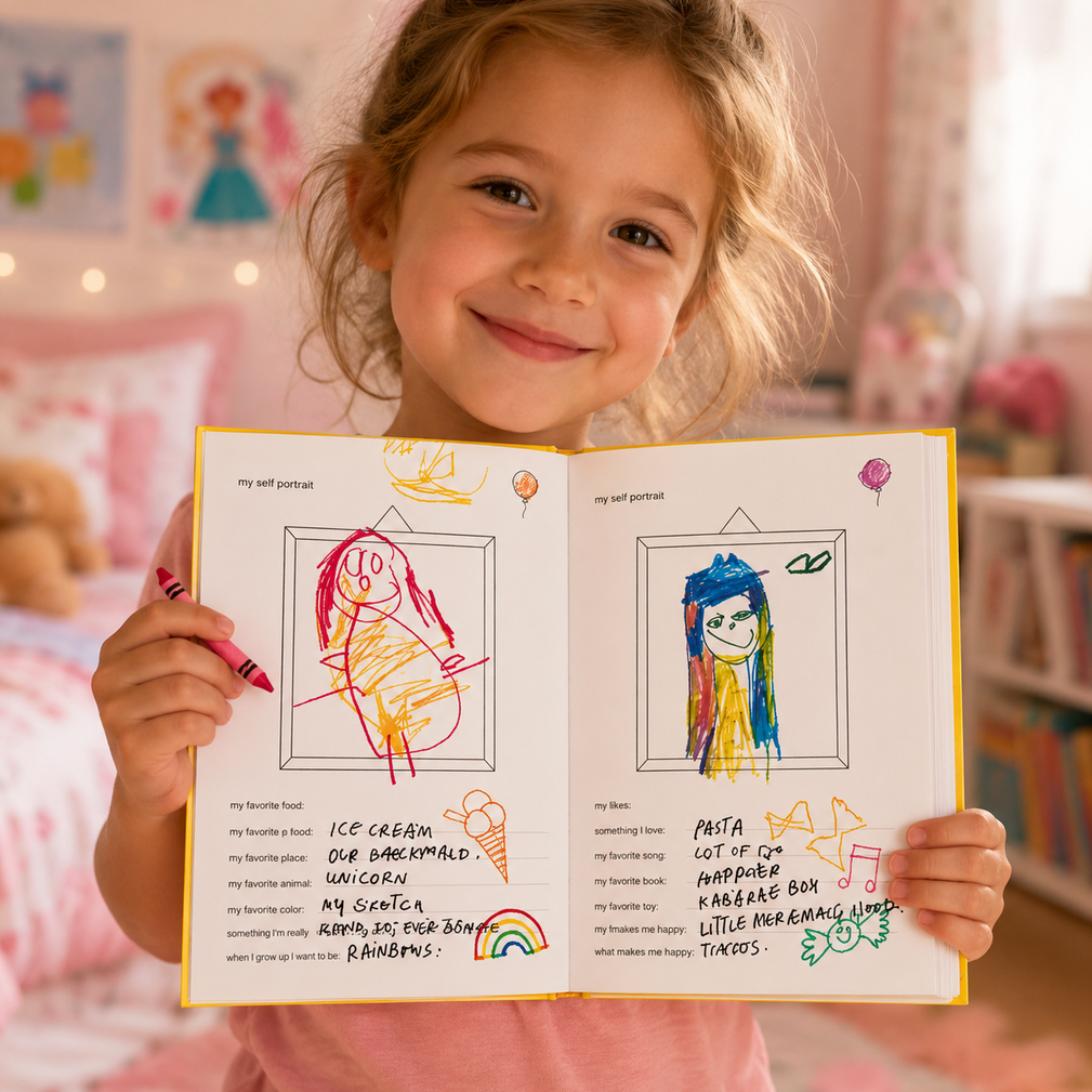 A young girl with blonde hair smiles while holding up an open children's drawing journal. The pages show colorful hand-drawn portraits and handwritten notes, photographed in a softly lit pink bedroom setting.