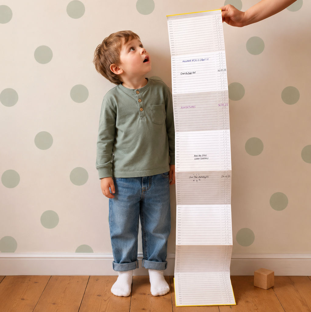 A child stands barefoot on a wooden floor in front of a wall with green polka dots, looking up at a tall, fold-out height chart held up by an adult arm. The child is wearing a sage green long-sleeve henley shirt and blue jeans.